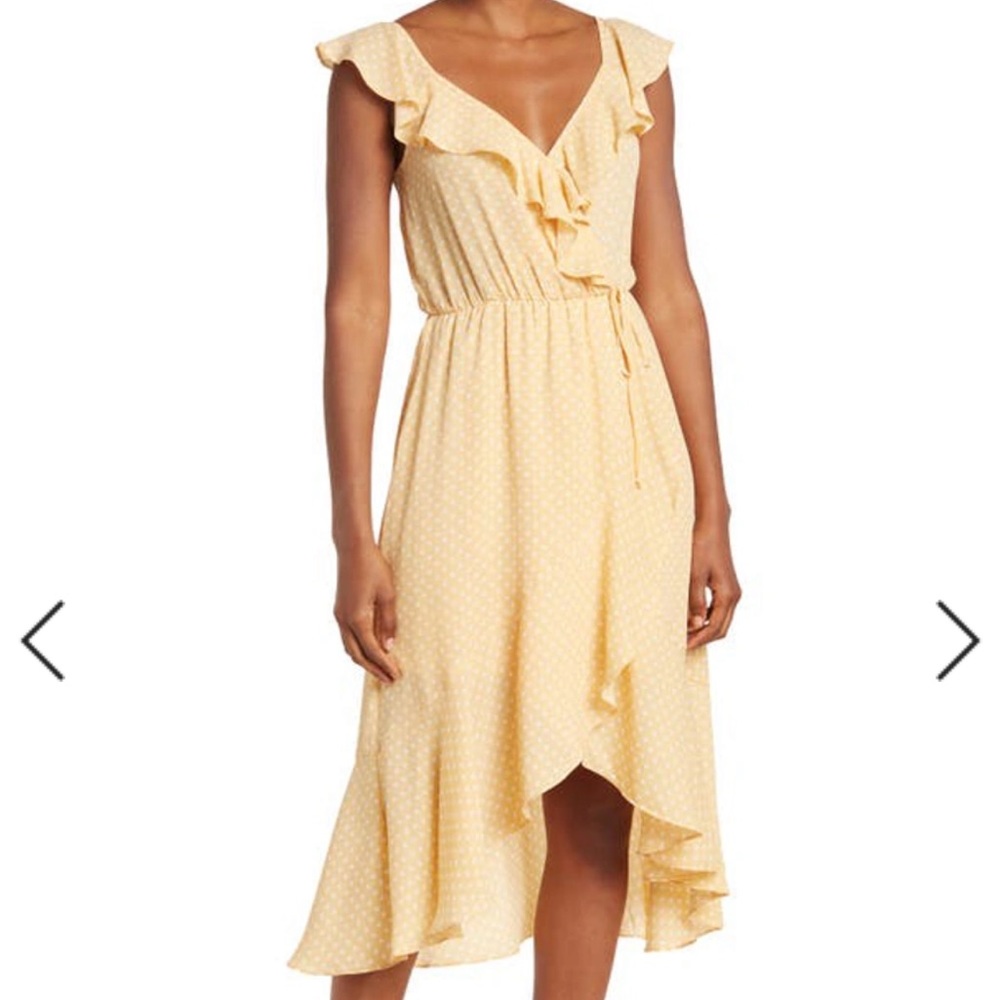 Socialite Ruffle Polka Dot Print Mock Wrap Midi‎ Dress
